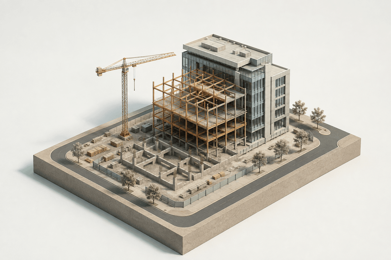 Conceptual architectural model showing foundations, a copper structural frame and a completed commercial facade.