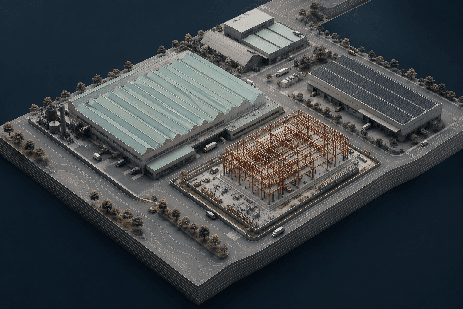 Architectural model of an industrial district with factories, new construction and a solar warehouse.