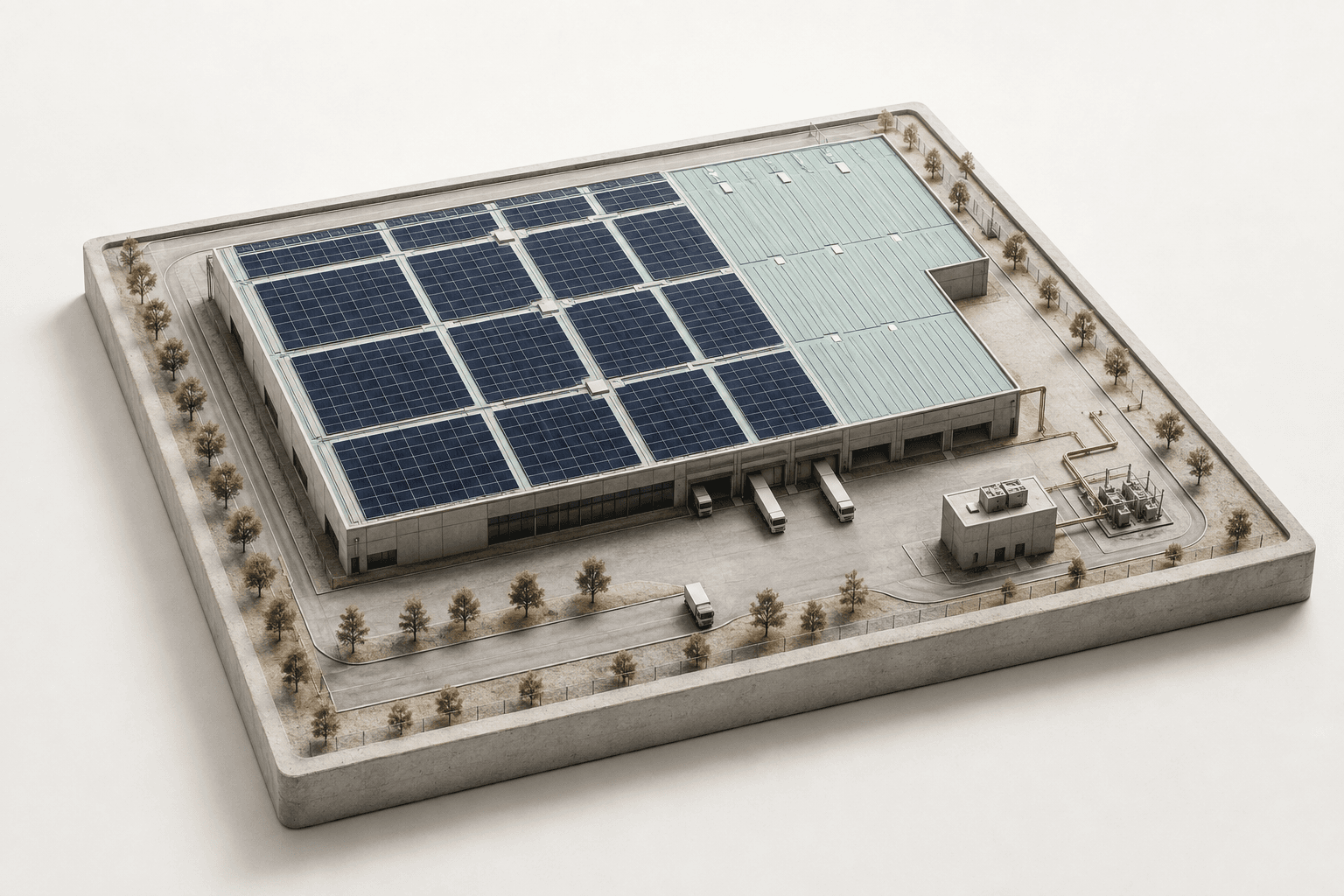 Architectural model of an industrial facility with solar panels and an uncovered section of roof.